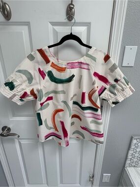 Anthropologie Short Sleeve Top with Multicolor Brushstroke Print size L